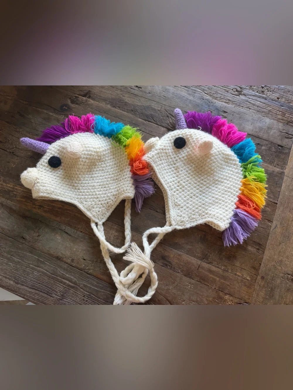 2 Cream Crochet Kids Unicorn Hats with Rainbow Mane